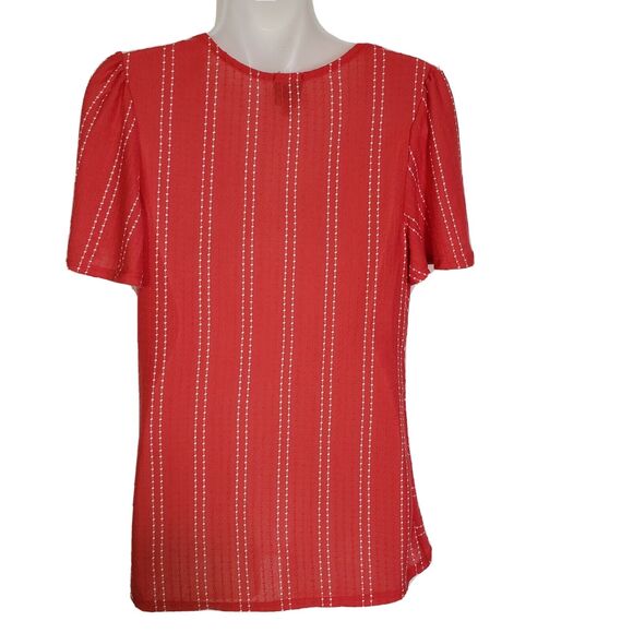 W5 Women’s Top Small Dot Striped Flutter Twist Front Short Sleeve Red V Neck - Picture 2 of 9